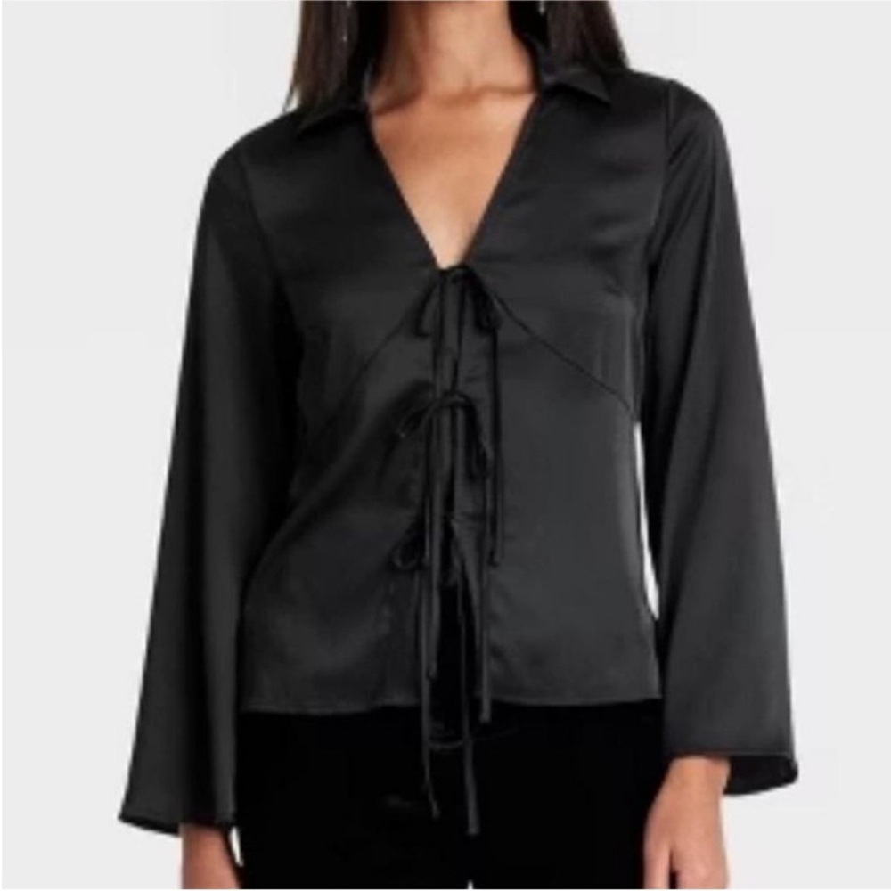 NWT A New Day Blouse Small Black Satin Tie-Front Long Sleeve V-Neck Collar NEW